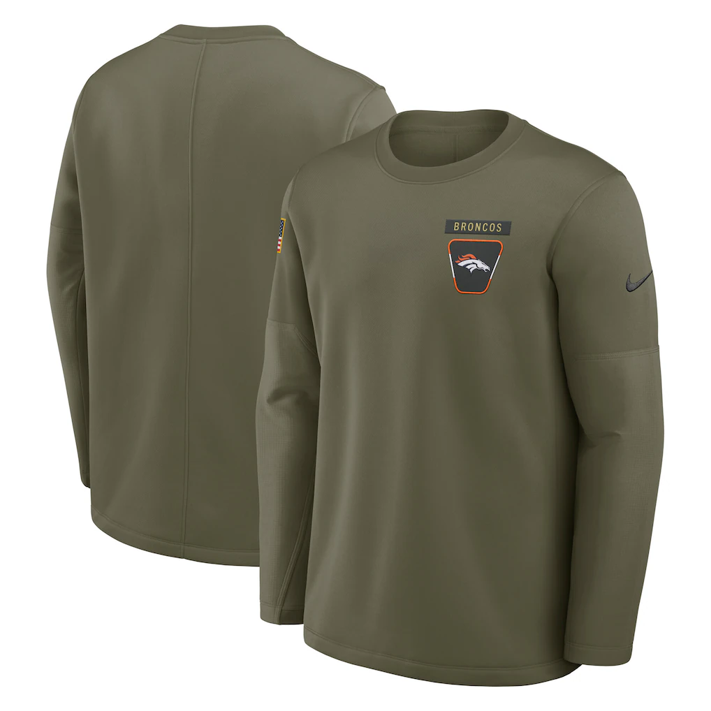 Men's Denver Broncos Olive 2025 Salute to Service Sideline Coaches Therma-FIT Long Sleeve Shirt Men's Denver Broncos Olive 2025 Salute to Service Sideline Coaches Therma-FIT Long Sleeve Shirt